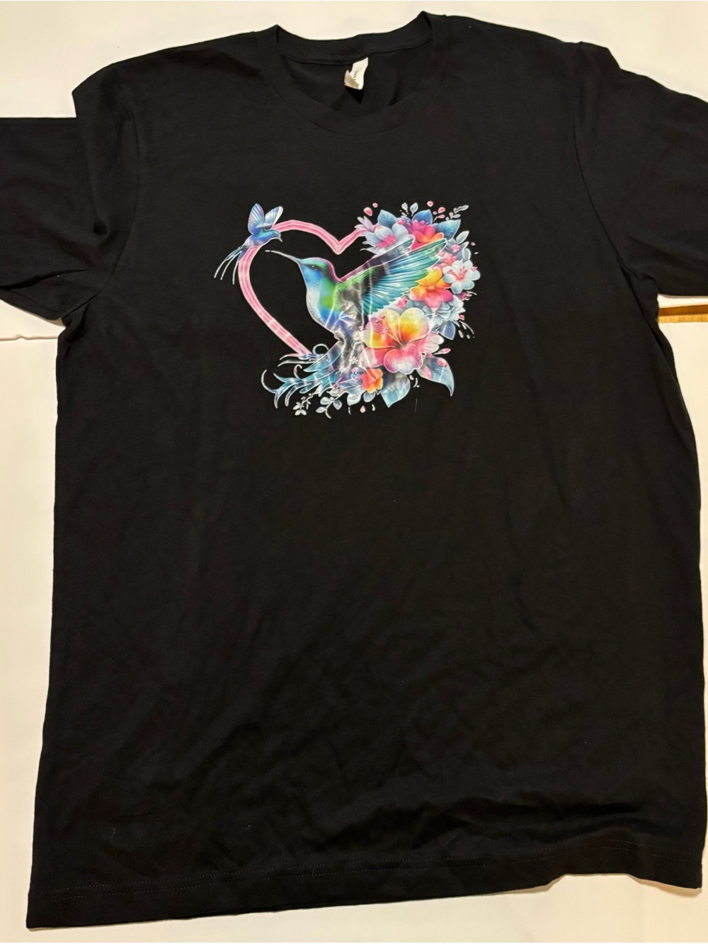Black Hummingbird Floral Heart T-Shirt